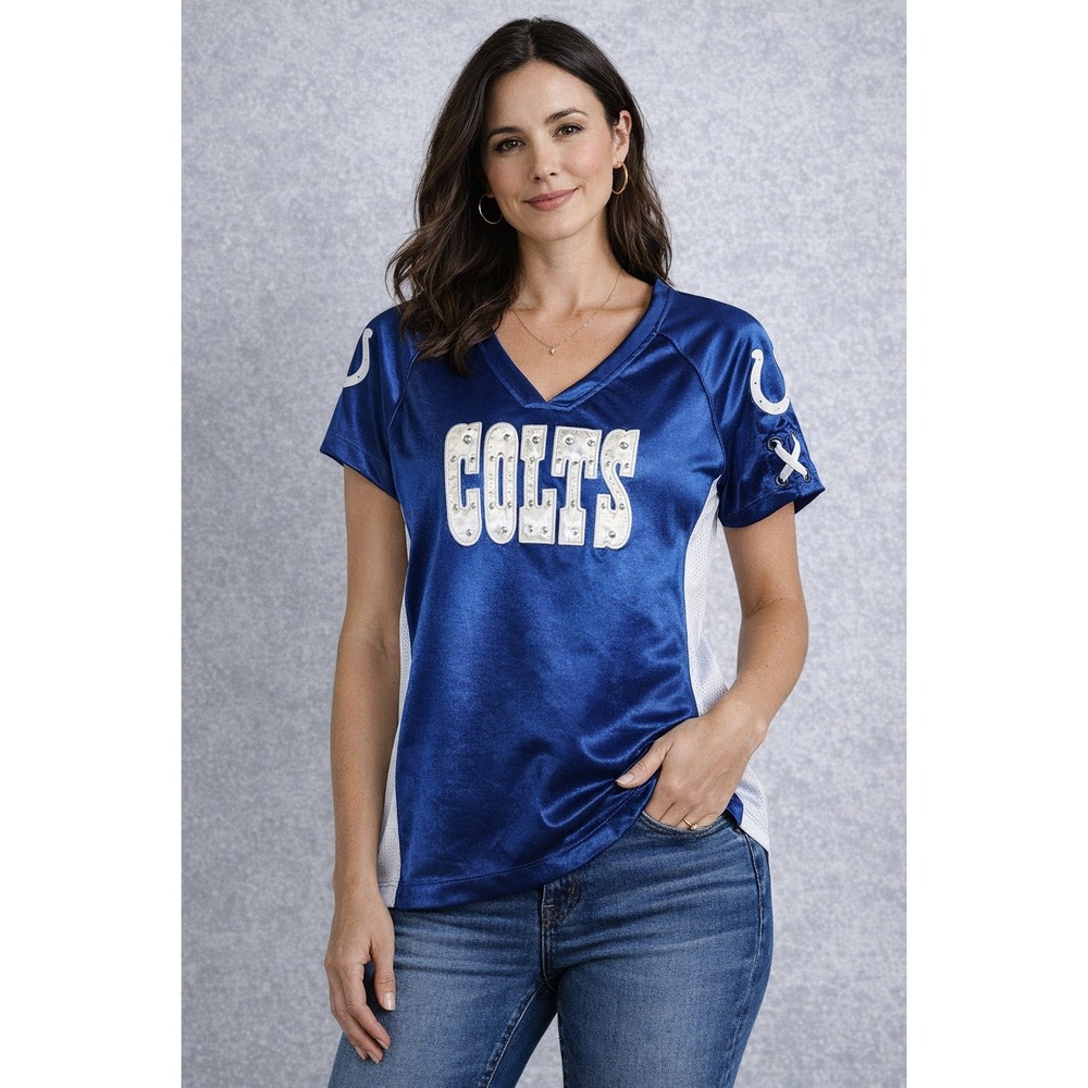 NFL Team Apparel Colts Jersey Womens Large Blue White Rhinestone V-Neck